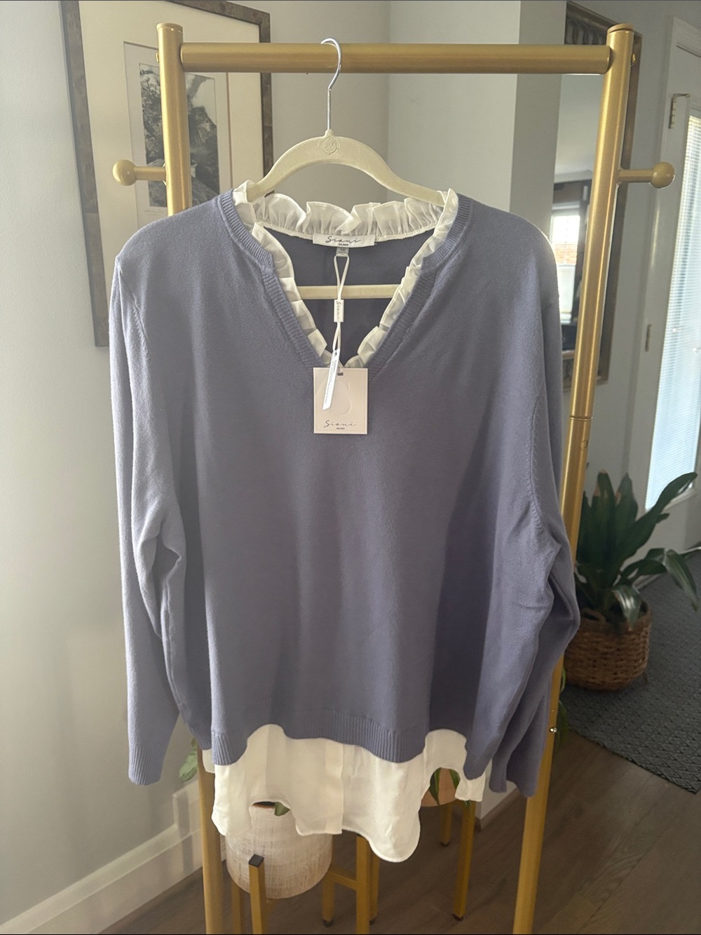 Sioni Lavender V-Neck Sweater Top with White Ruffle